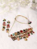 Gold-Plated Multicolored Kundan-Studded Beaded Jewellery Set - Ruby Raang - Distacart