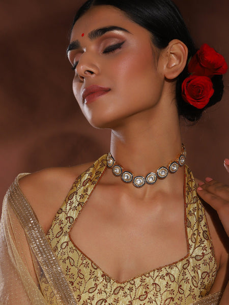 Gold-Toned Green Brass Rhodium-Plated Kundan Necklace - Ruby Raang