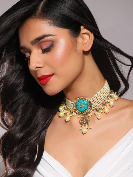 White Blue Brass Gold-Polished Necklace - Ruby Raang