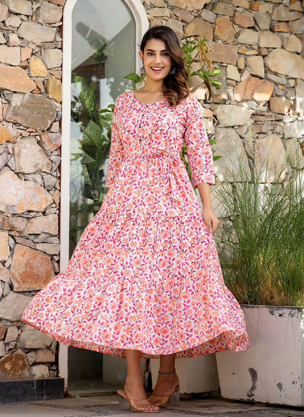 Kaajh Women's Orange Ethnic Floral Hand Block Print Cotton Dress - Distacart