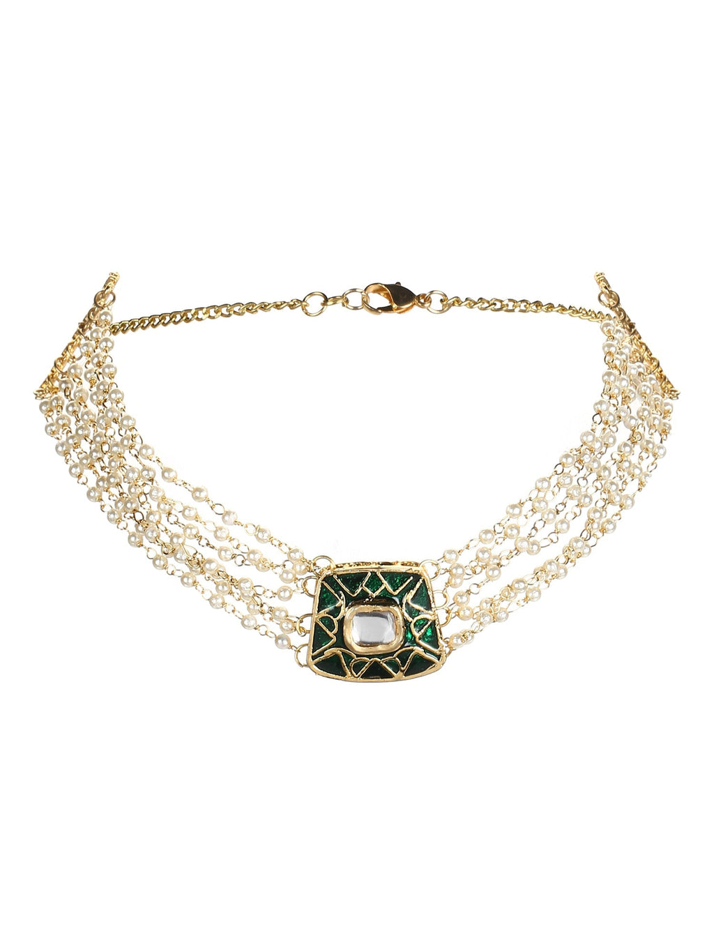 Gold-Plated White Green Brass Kundan Pearls Choker Necklace - Ruby Raang - Distacart
