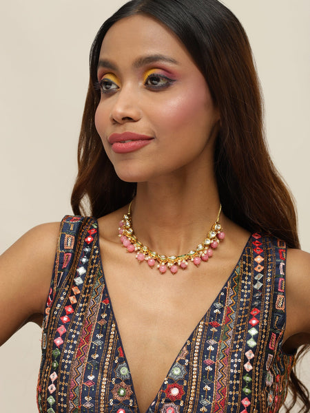 Gold-Toned Pink Gold-Polished Handcrafted Necklace - Ruby Raang