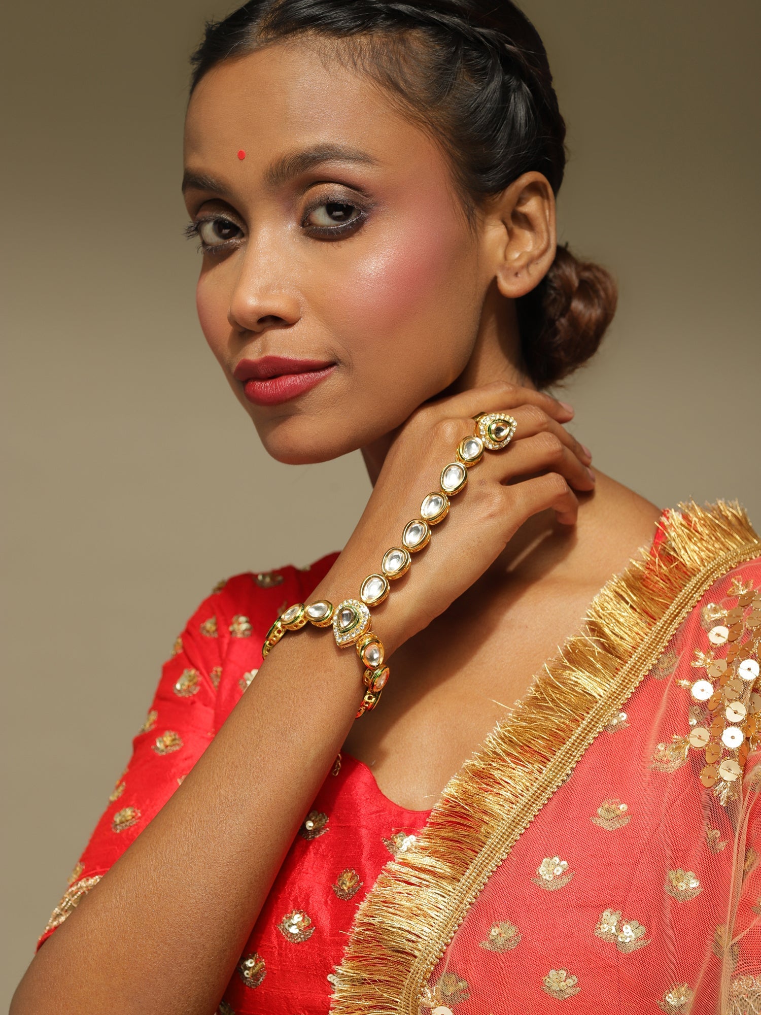 Women's Gold-Plated White Green Brass Kundan Ring Bracelet - Ruby Raang - Distacart