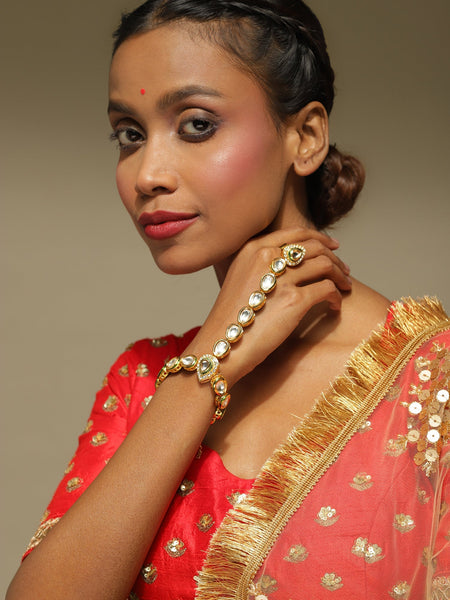 Women's Gold-Polished White Green Brass Kundan Ring Bracelet - Ruby Raang