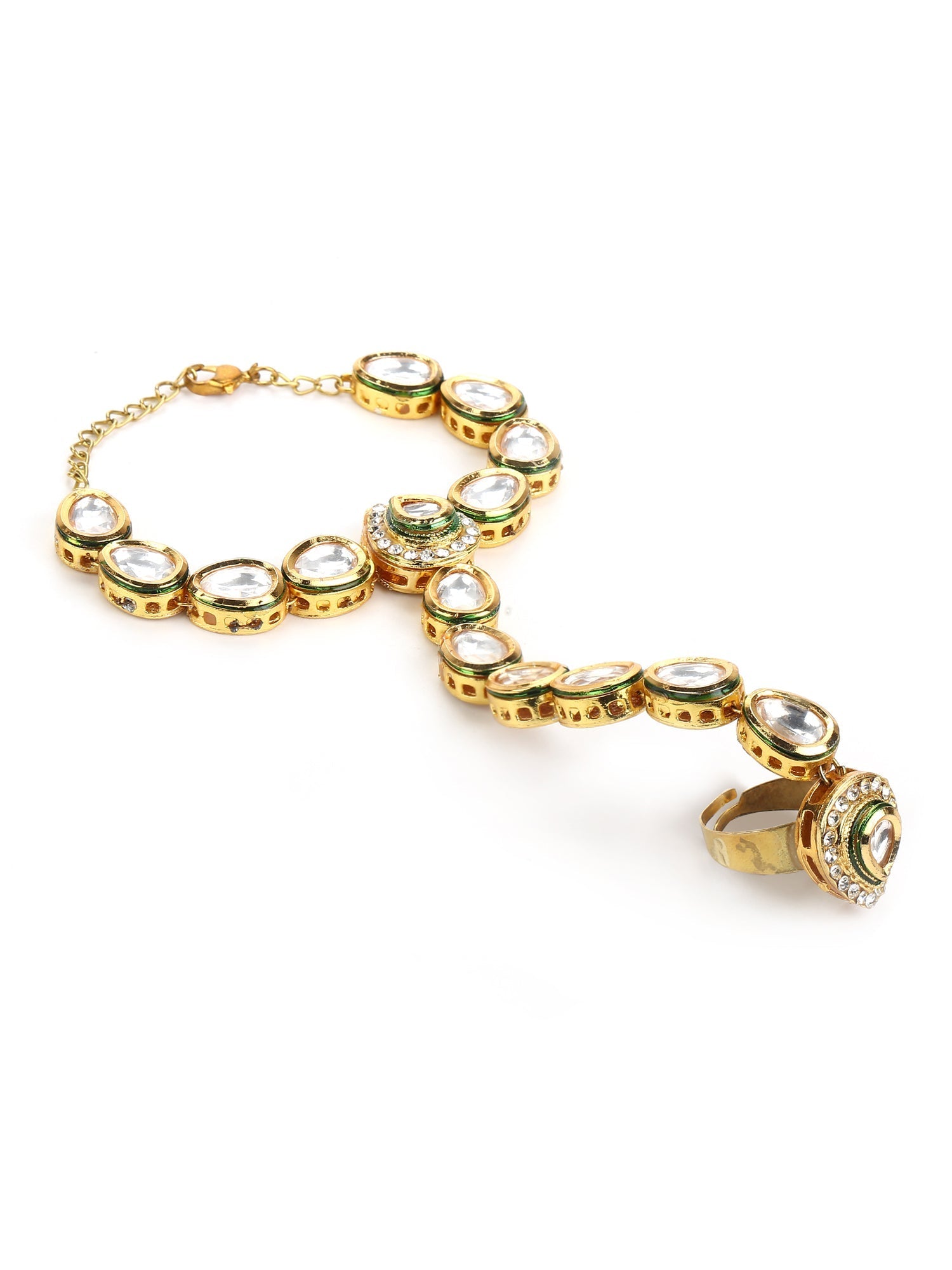 Women's Gold-Plated White Green Brass Kundan Ring Bracelet - Ruby Raang - Distacart