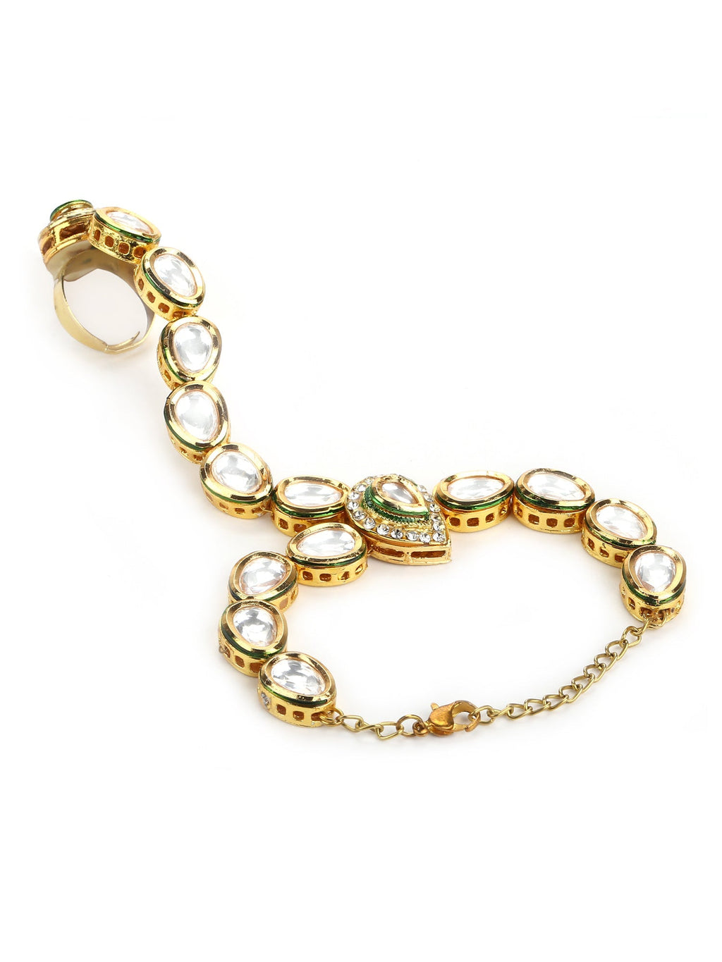 Women's Gold-Plated White Green Brass Kundan Ring Bracelet - Ruby Raang - Distacart