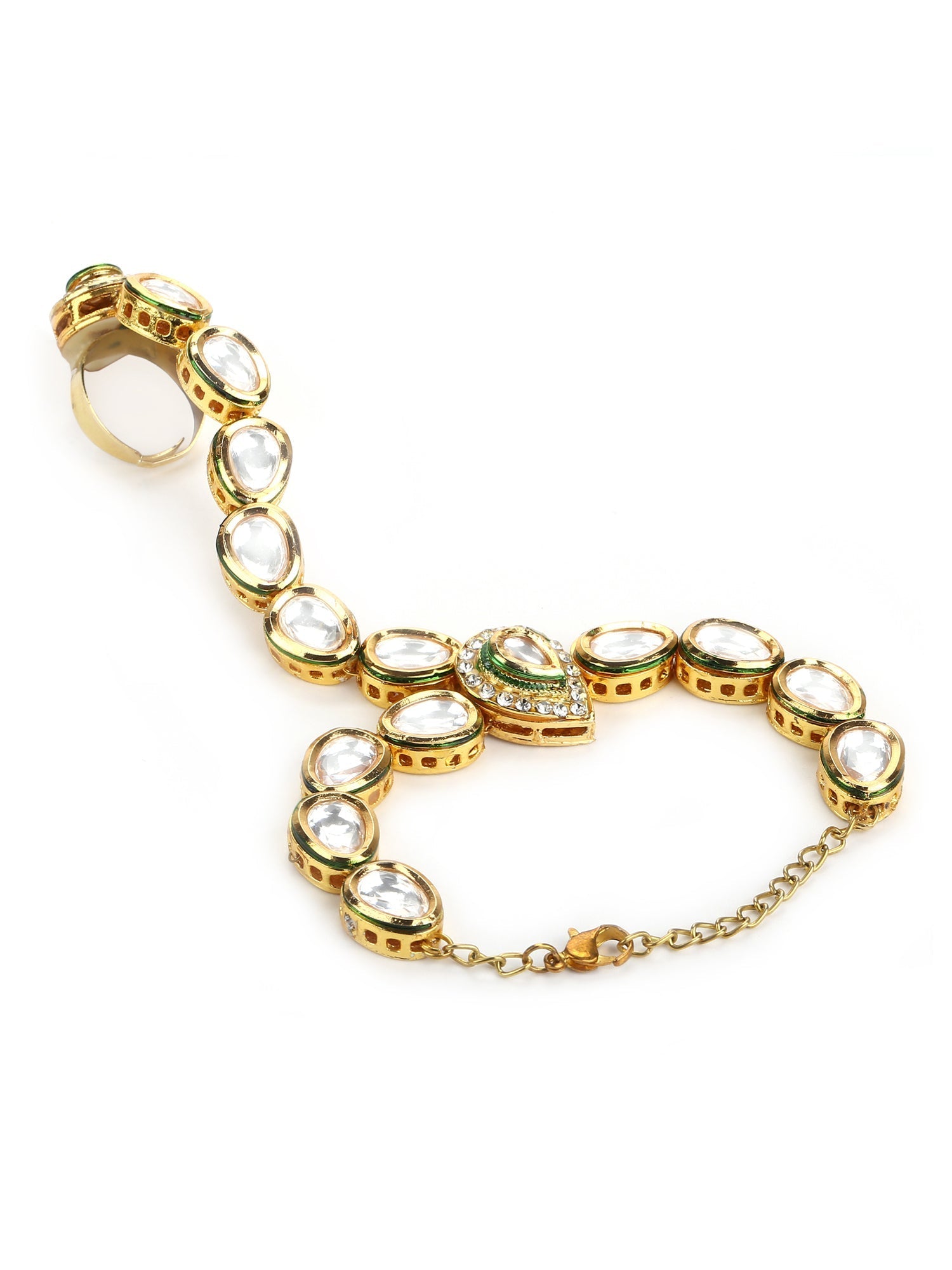 Women's Gold-Plated White Green Brass Kundan Ring Bracelet - Ruby Raang - Distacart
