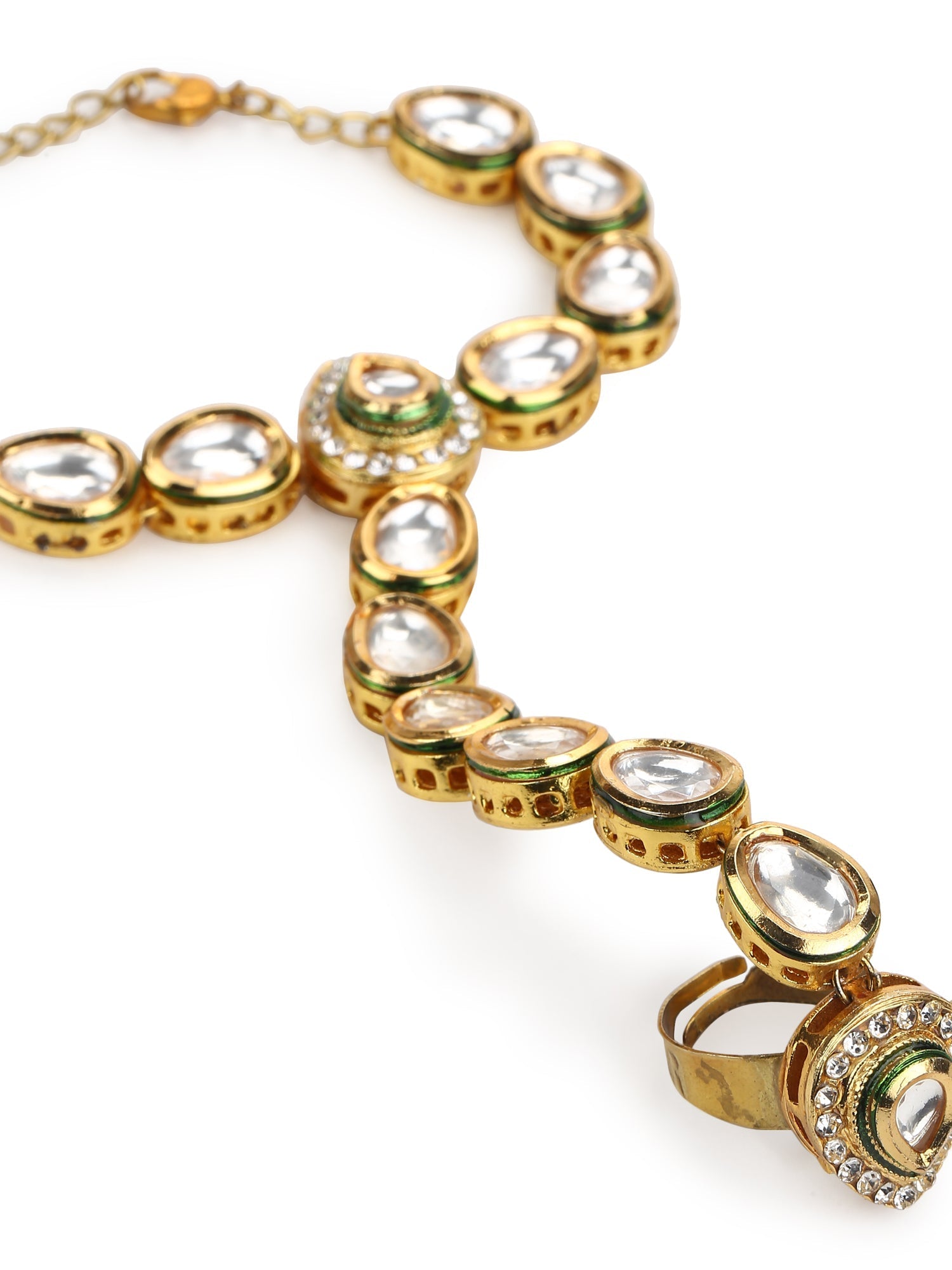 Women's Gold-Plated White Green Brass Kundan Ring Bracelet - Ruby Raang - Distacart