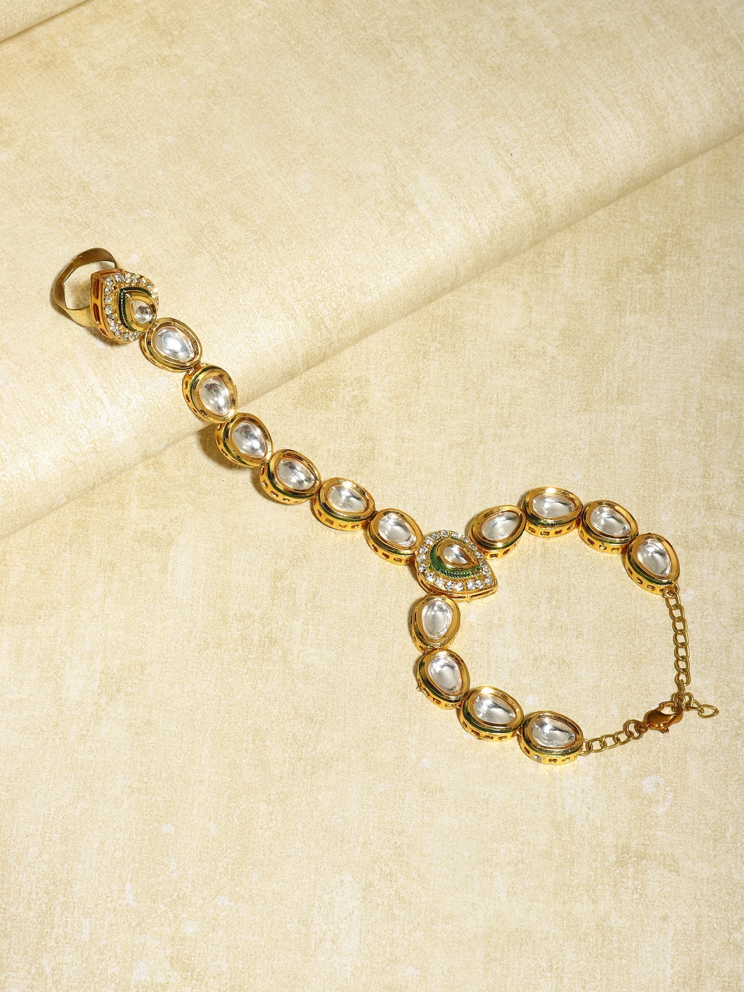 Women's Gold-Plated White Green Brass Kundan Ring Bracelet - Ruby Raang - Distacart