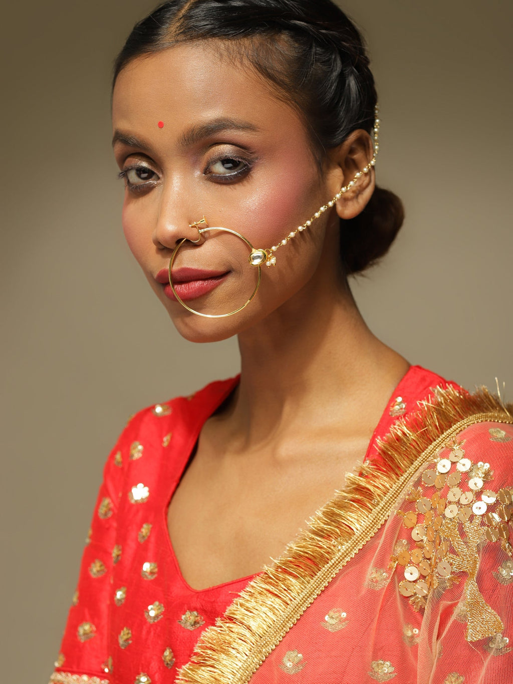 Women's Gold-Toned White Kundan Nose Ring - Ruby Raang - Distacart