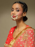 White Gold-Toned Plated Kundan Vilandi Chained Nose Ring - Ruby Raang - Distacart