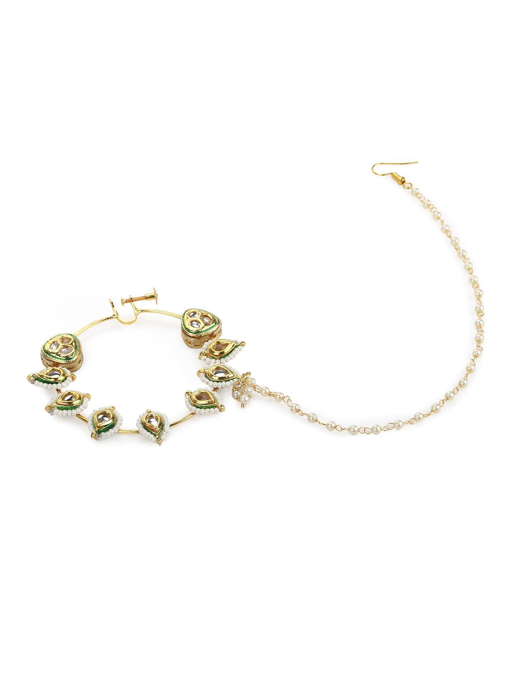 White Gold-Toned Plated Kundan Vilandi Chained Nose Ring - Ruby Raang - Distacart