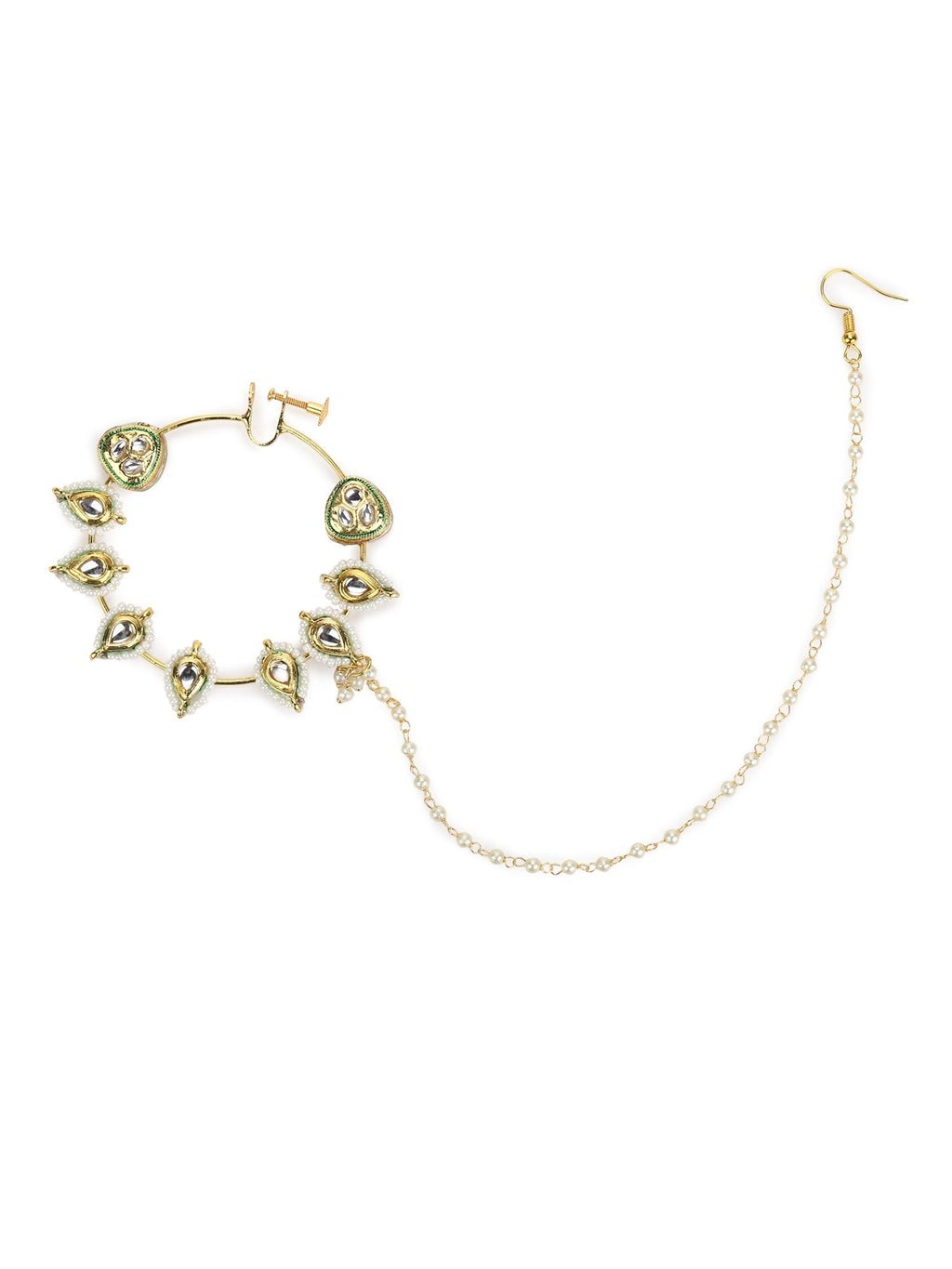 White Gold-Toned Plated Kundan Vilandi Chained Nose Ring - Ruby Raang - Distacart