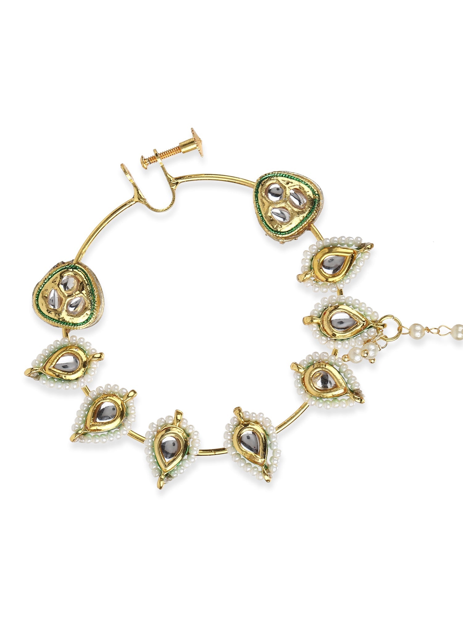 White Gold-Toned Plated Kundan Vilandi Chained Nose Ring - Ruby Raang - Distacart