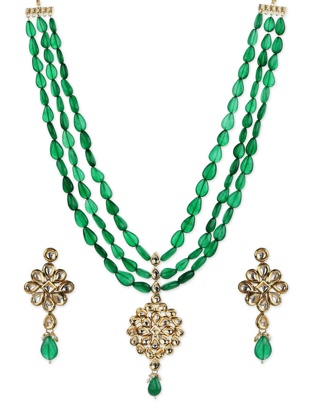Green Gold-Plated Long Kundan Jewellery Set - Ruby Raang - Distacart