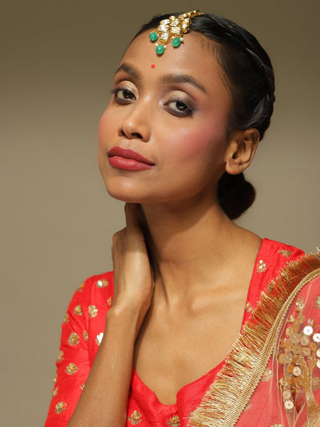 Gold-Polished Green White Kundan-Studded Maang Tikka - Ruby Raang