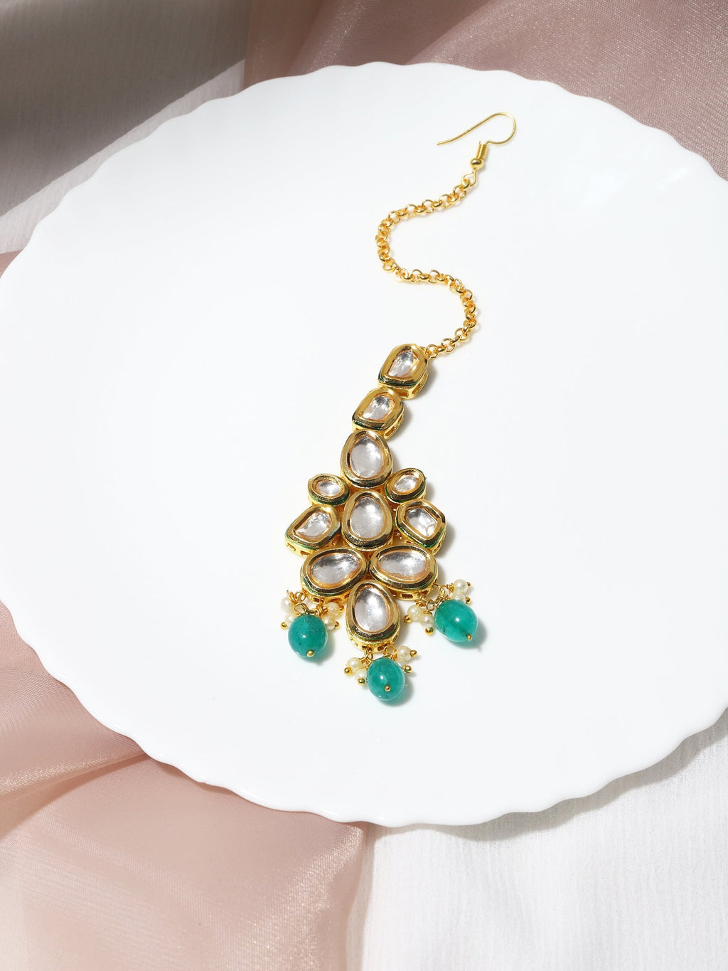 Gold-Plated Green White Kundan-Studded Maang Tikka - Ruby Raang - Distacart