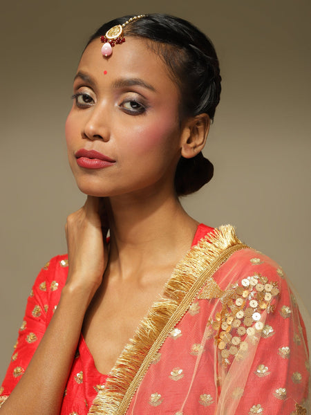 Pink Gold-Polished Kundan Studded Maang Tikka - Ruby Raang