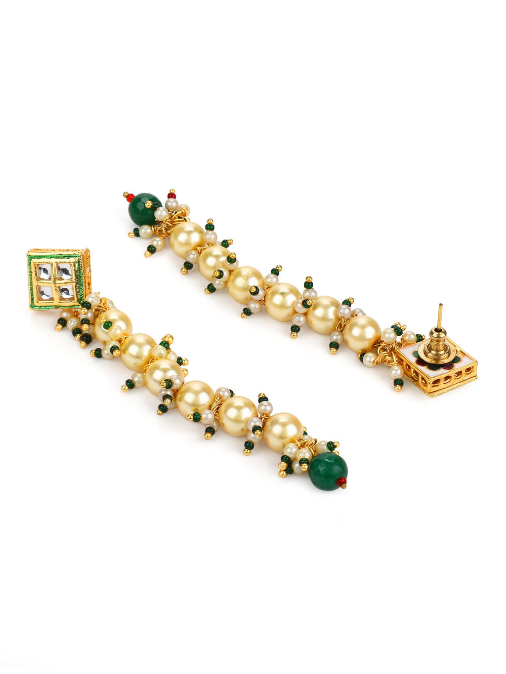 Cream-Coloured Green Gold Plated Kundan Studded Contemporary Drop Earrings - Ruby Raang - Distacart