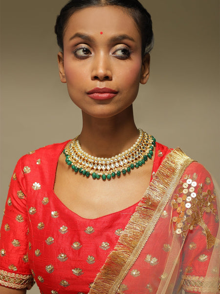 Gold-Polished Green Kundan Studded Brass Necklace - Ruby Raang