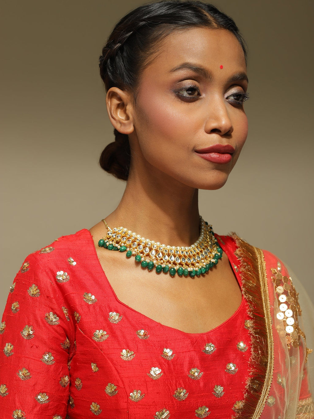 Gold-Plated Green Kundan Studded Brass Necklace - Ruby Raang - Distacart