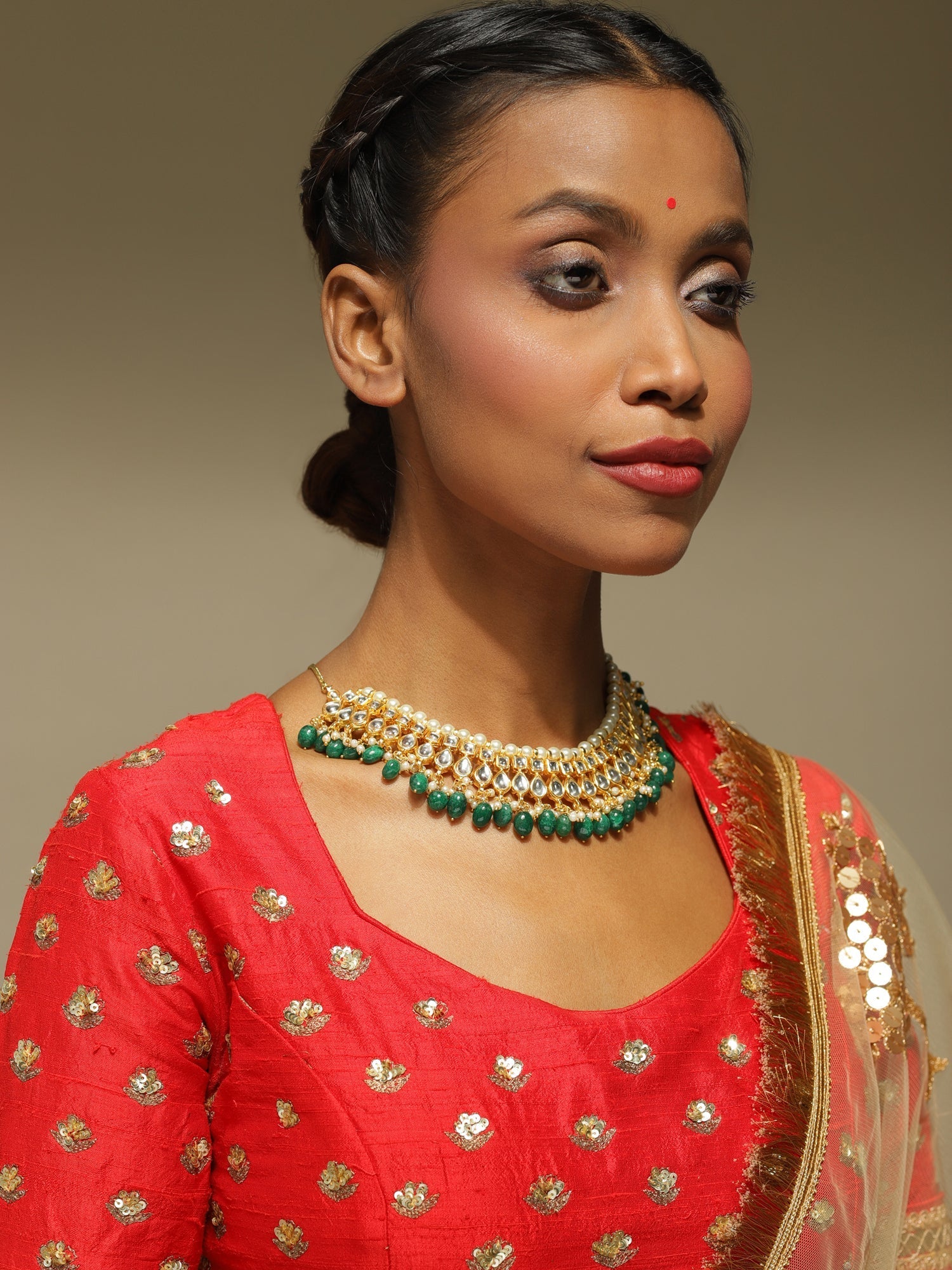 Gold-Plated Green Kundan Studded Brass Necklace - Ruby Raang - Distacart