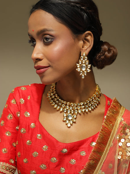Gold-Polished Kundan Choker With Earring - Ruby Raang