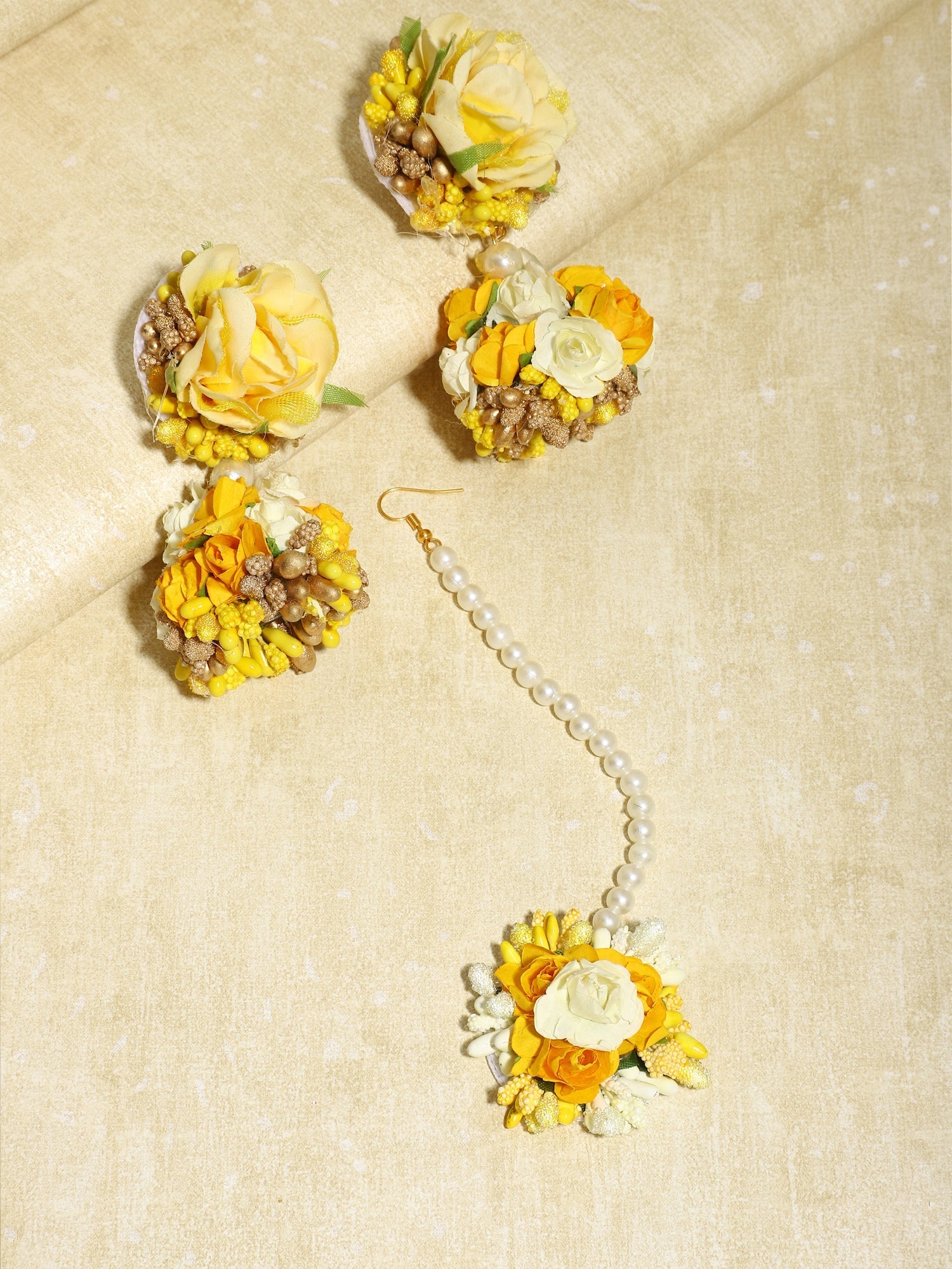 Yellow Gold-Plated Flower Maang Tika Earrings - Ruby Raang - Distacart