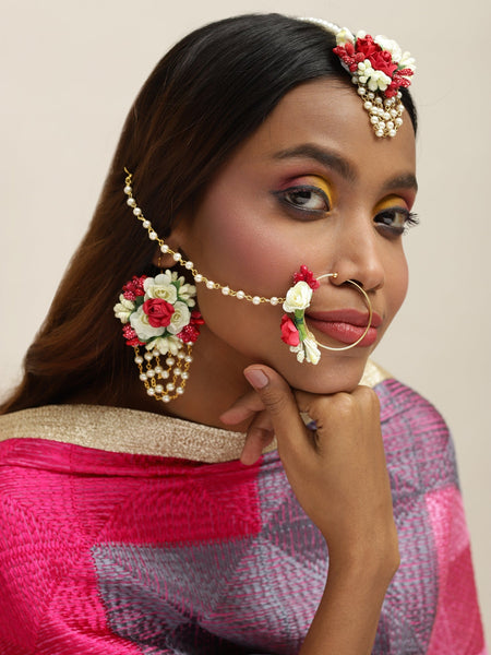 Flower Jewellery Gold-Polished Red Floral Jewellery Set - Ruby Raang
