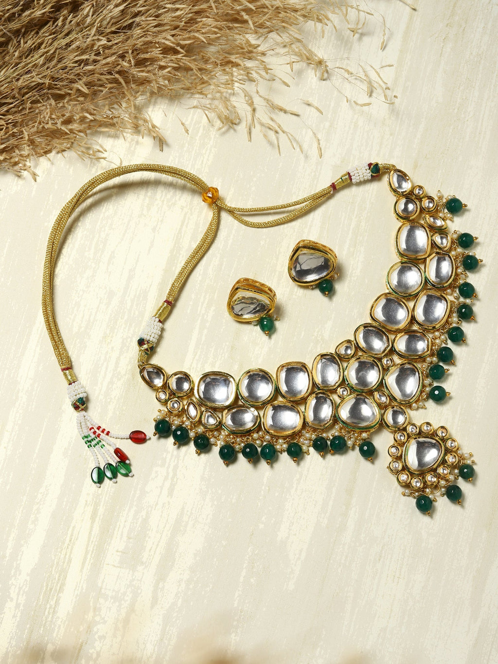 Green White Kundan Choker Jewellery Set - Ruby Raang - Distacart