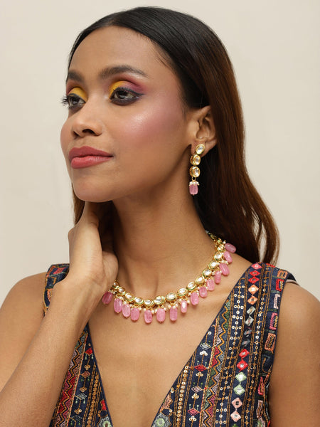 Gold-Polished White Pink Kundan-Studded Pearl Beaded Handcrafted Jewellery Set - Ruby Raang