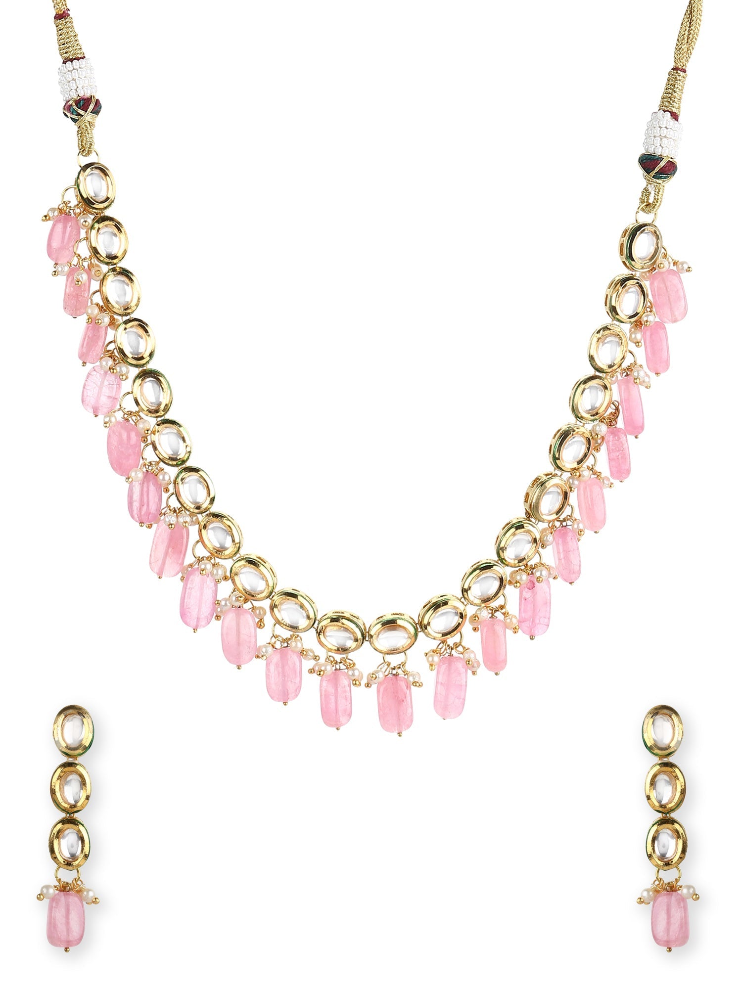 Gold-Plated White Pink Kundan-Studded Pearl Beaded Handcrafted Jewellery Set - Ruby Raang - Distacart