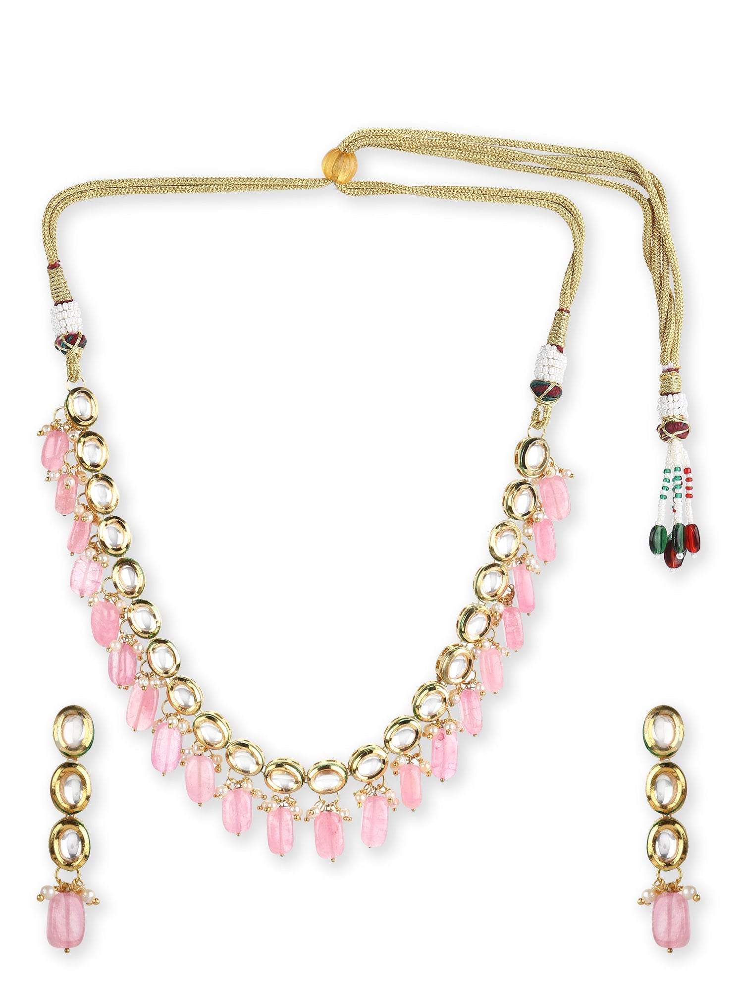 Gold-Plated White Pink Kundan-Studded Pearl Beaded Handcrafted Jewellery Set - Ruby Raang - Distacart