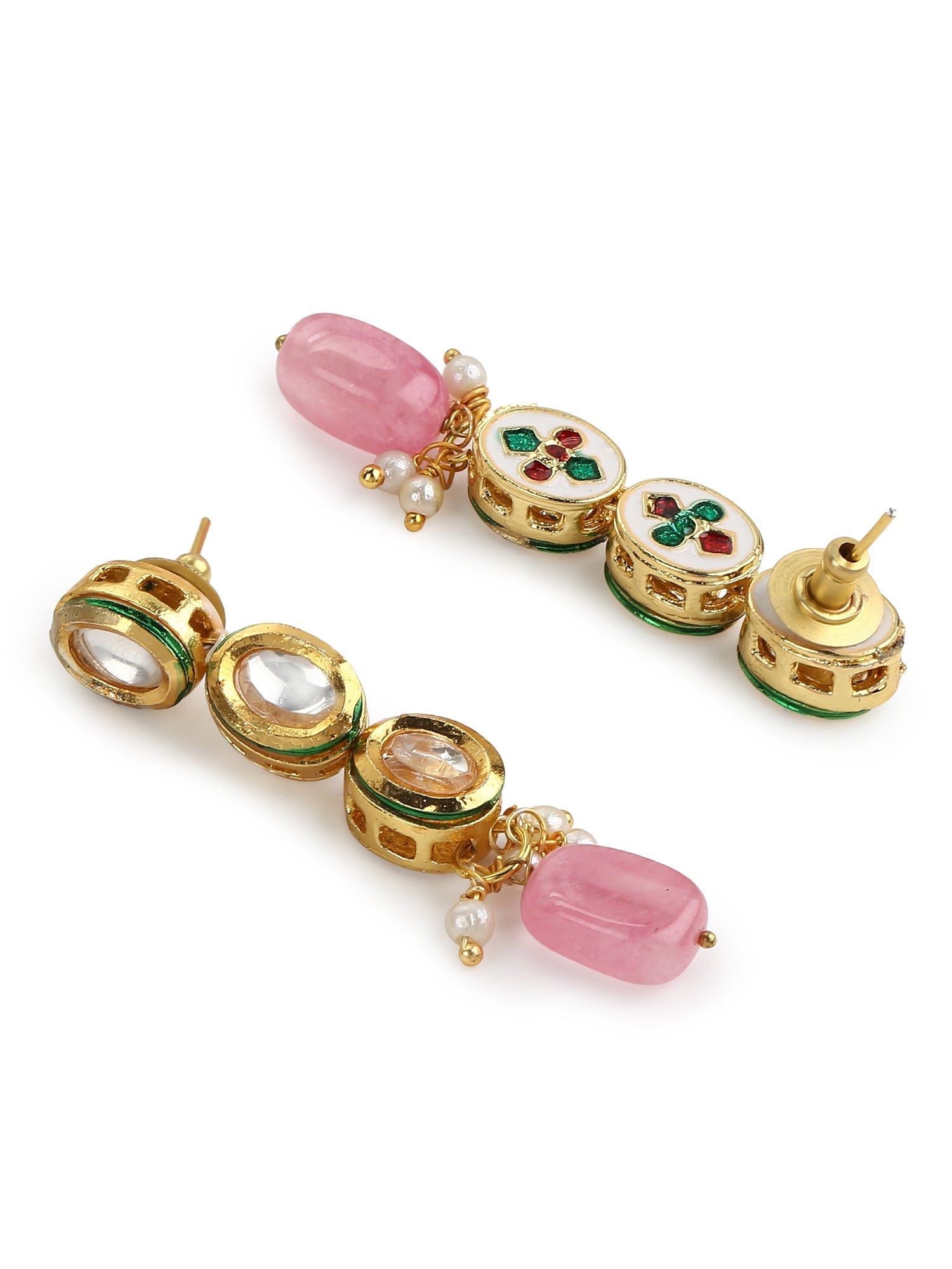 Gold-Plated White Pink Kundan-Studded Pearl Beaded Handcrafted Jewellery Set - Ruby Raang - Distacart