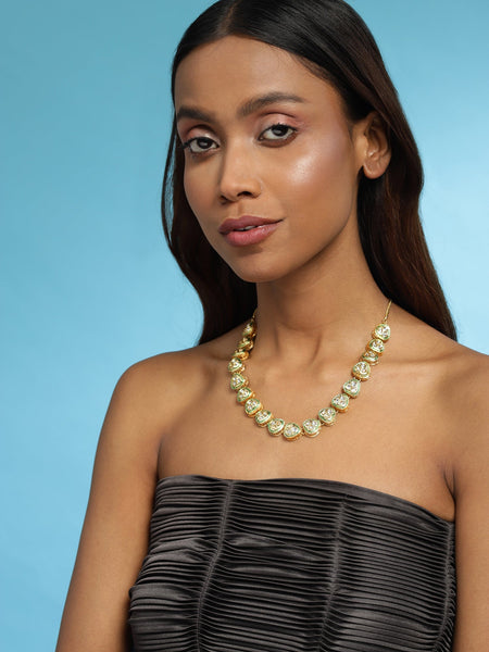 Gold-Polished White Brass Kundan Necklace - Ruby Raang