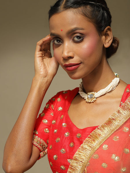 Gold-Polished White Brass Kundan Pearls Choker Necklace - Ruby Raang