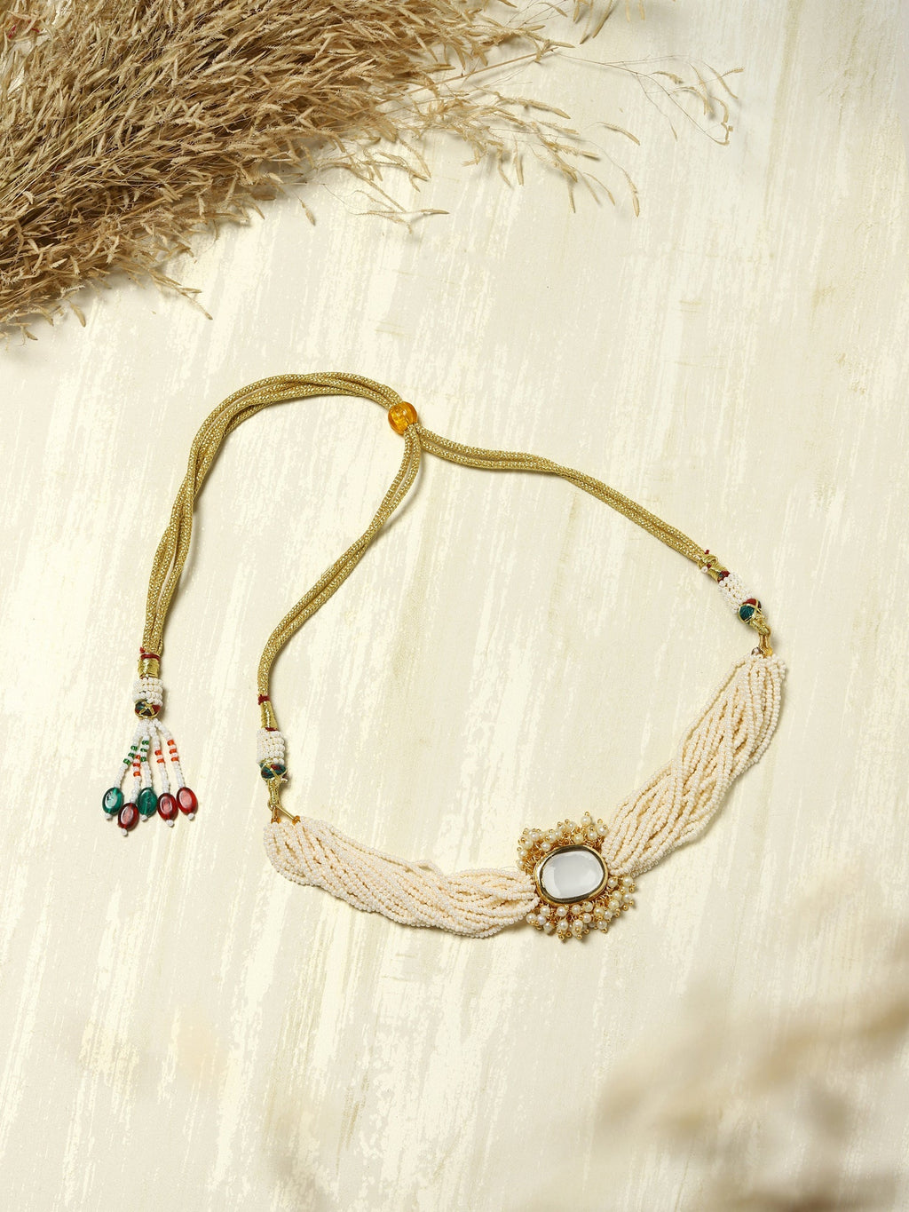 Gold-Plated White Brass Kundan Pearls Choker Necklace - Ruby Raang - Distacart