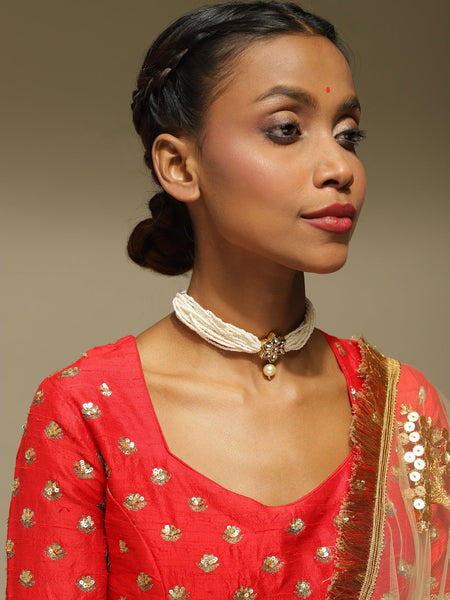 Gold-Polished White Green Brass Kundan Pearls Choker Necklace - Ruby Raang
