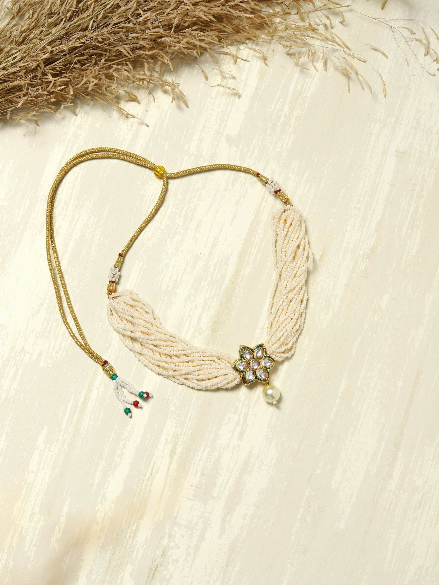 Gold-Plated White Green Brass Kundan Pearls Choker Necklace - Ruby Raang - Distacart