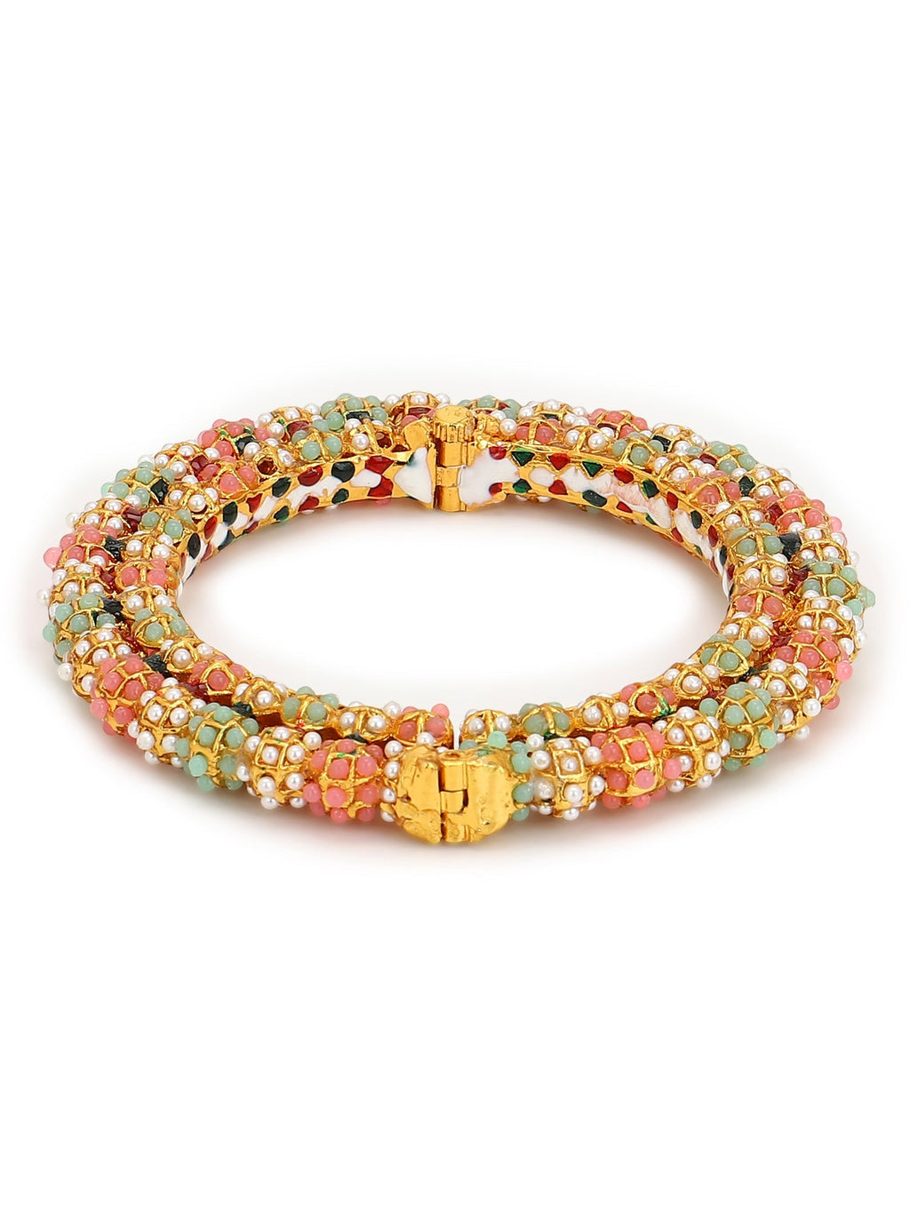 Gold-Plated Green Stone-Studded Beaded Meenakari Bangle - Ruby Raang - Distacart