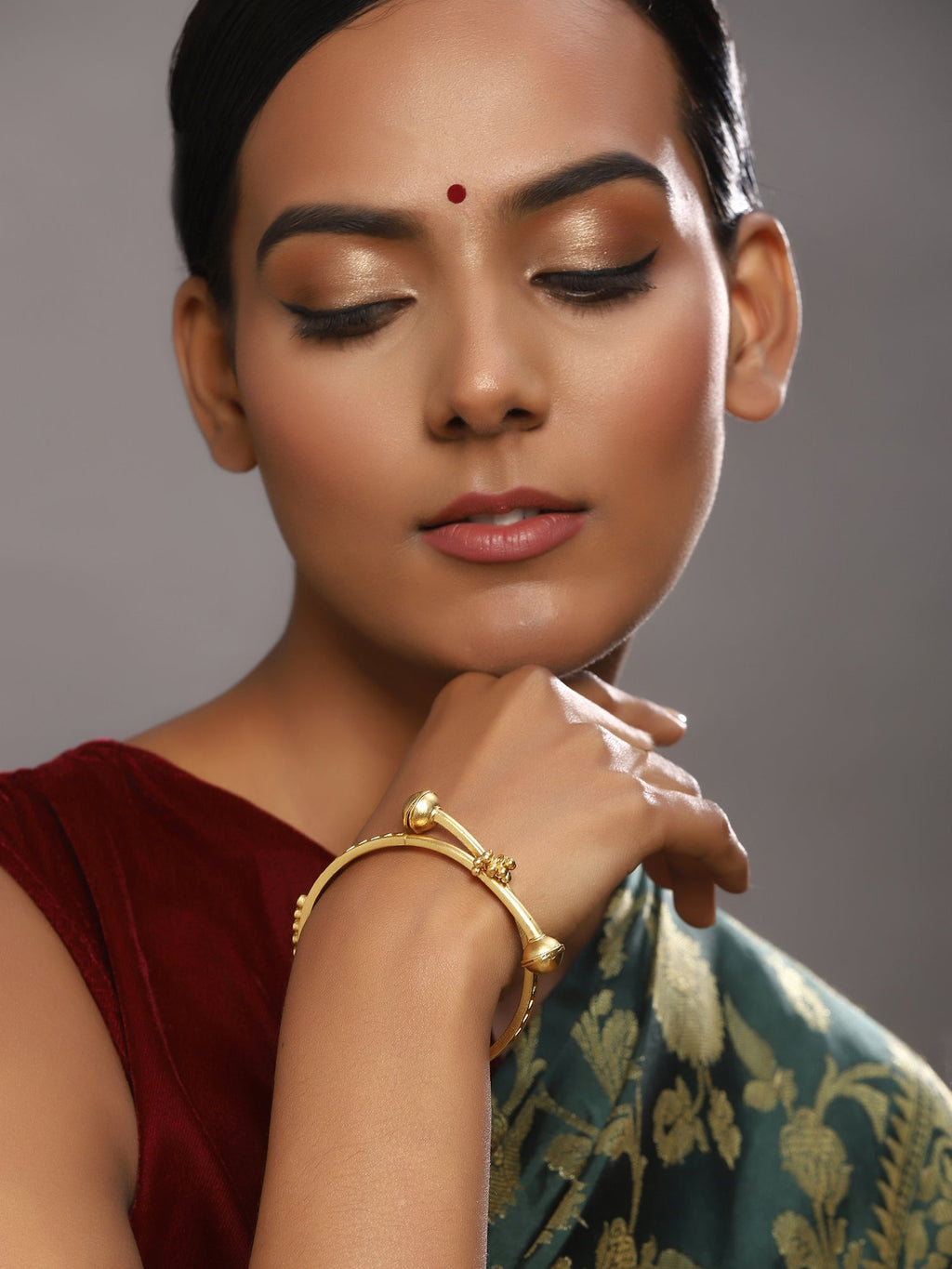 Gold-Plated White Red Stone Studded Beaded Bangle - Ruby Raang - Distacart