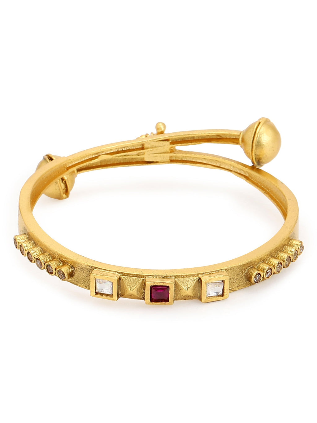 Gold-Plated White Red Stone Studded Beaded Bangle - Ruby Raang - Distacart