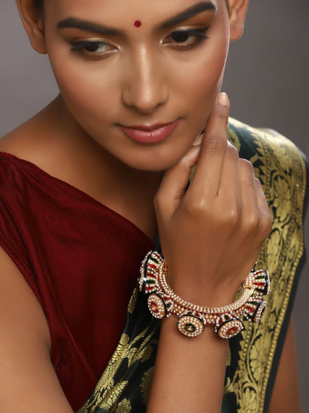 Gold-Polished White Green Stone Studded Meenakari Bangle - Ruby Raang