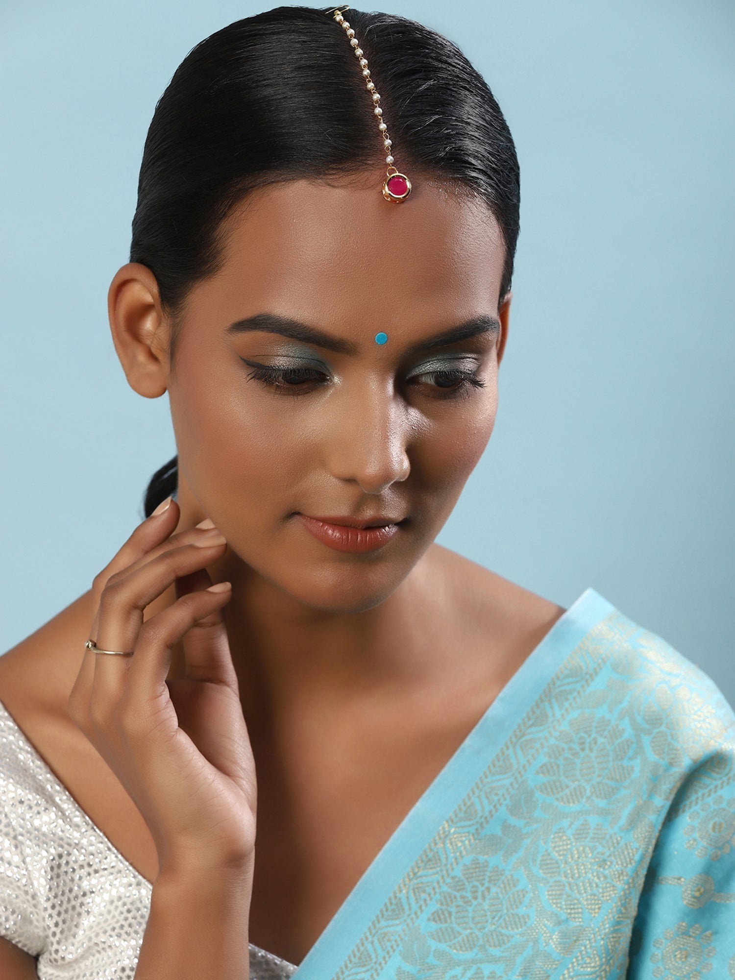 Gold-Plated Maroon Kundan Studded Maang Tikka - Ruby Raang - Distacart