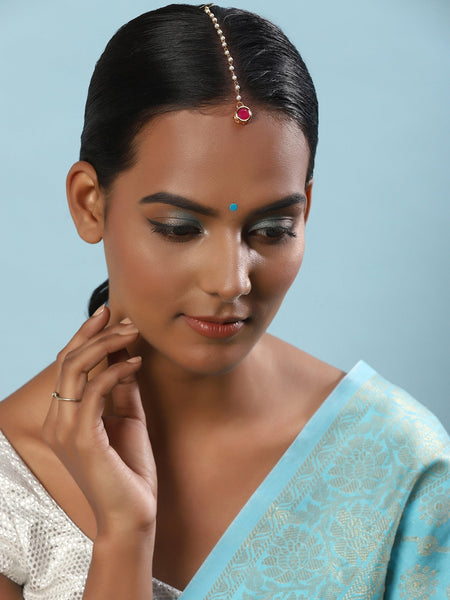 Gold-Polished Maroon Kundan Studded Maang Tikka - Ruby Raang