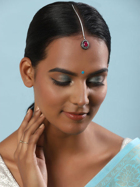 Gold-Polished Maroon White Kundan Stone -Studded Maang Tikka - Ruby Raang