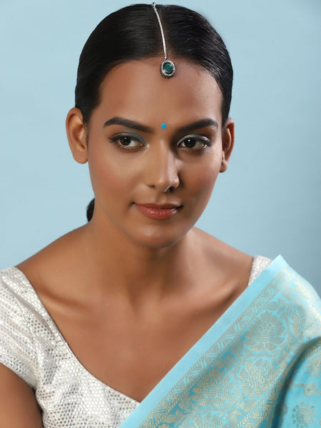 Silver-Plated Green Kundan Stone-Studded Maang Tikka - Ruby Raang