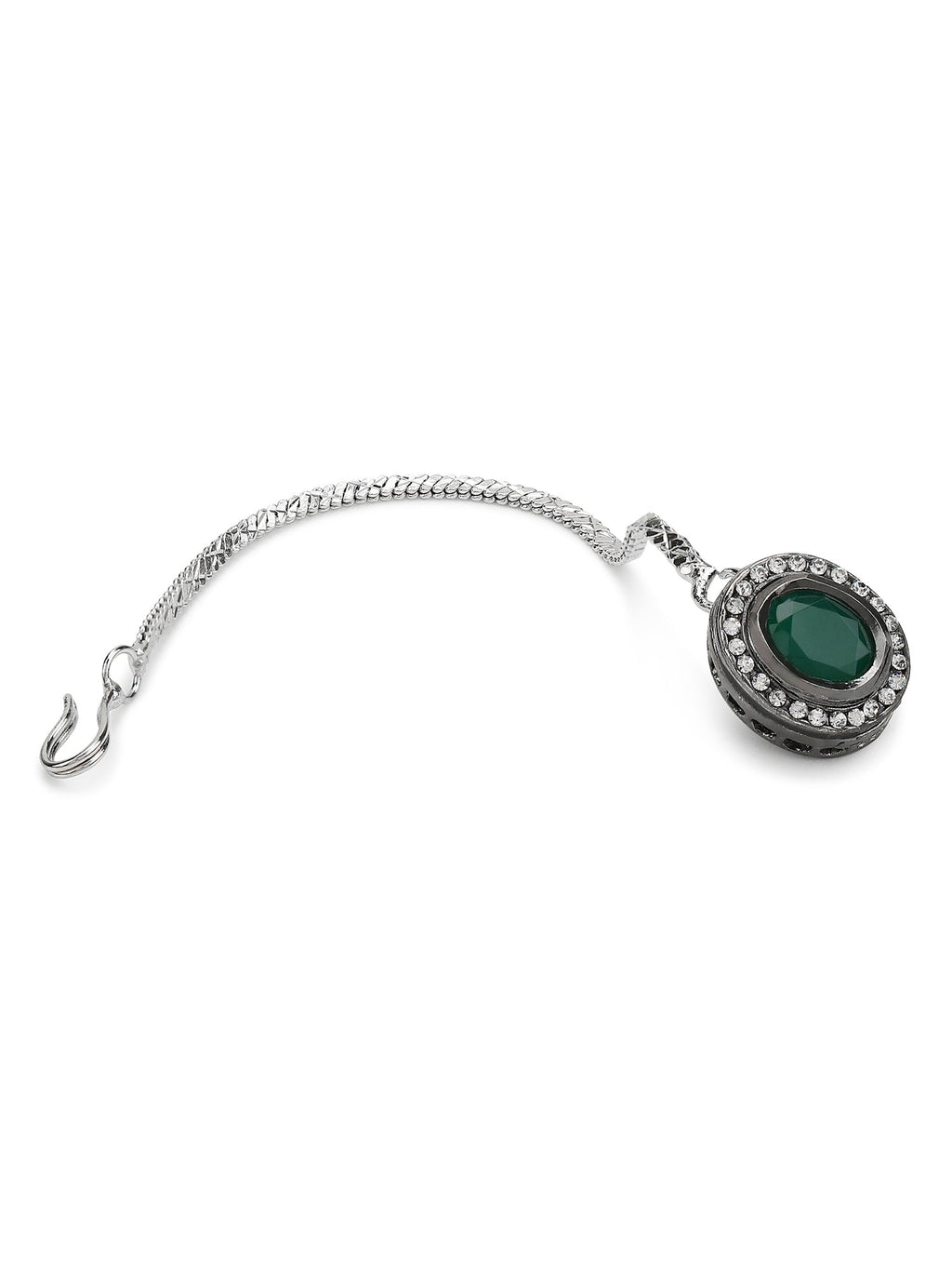 Silver-Plated Green Kundan Stone-Studded Maang Tikka - Ruby Raang - Distacart