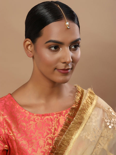 Gold-Polished White Kundan-Studded Maang Tikka - Ruby Raang