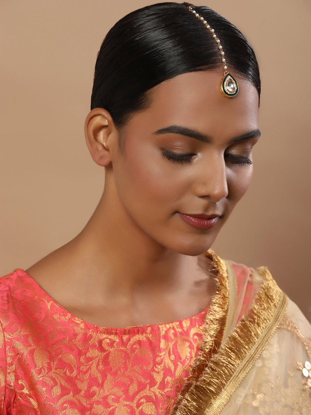 White Gold-Toned Plated Kundan-Studded Pearl Beaded Maang Tikka - Ruby Raang - Distacart